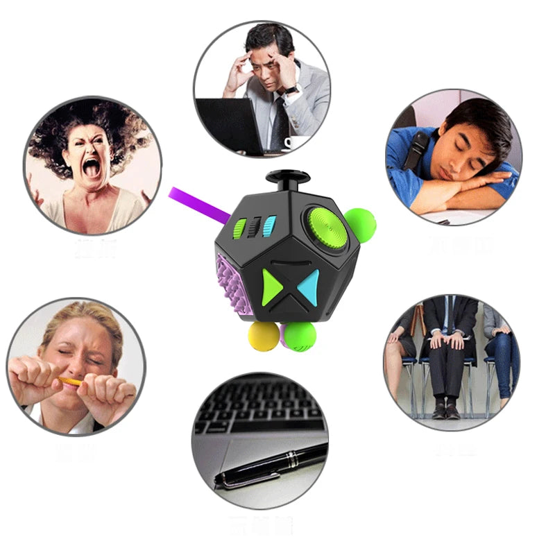 fidget cube diagram illustrating multi sided tactile functions including gears rollers and switches
