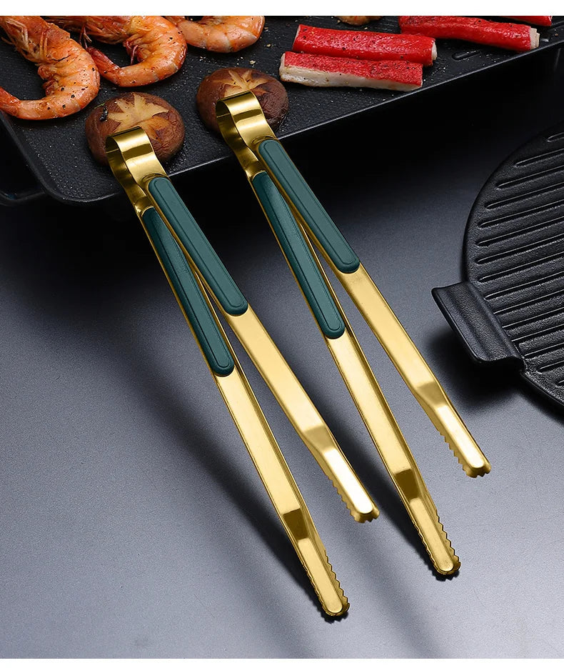 Gold Stainless Steel Food Tongs – Non-Slip BBQ, Salad & Bread Serving Tongs