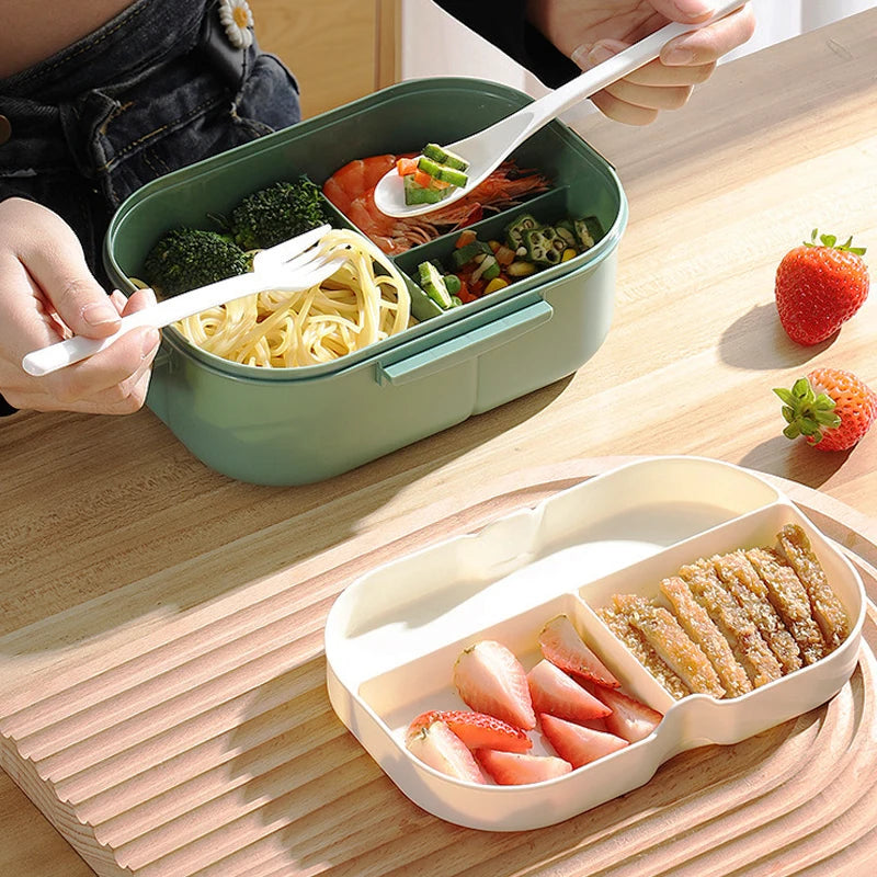 Portable Double Layer Lunch Box Microwave Safe Bento Food Container with Cutlery