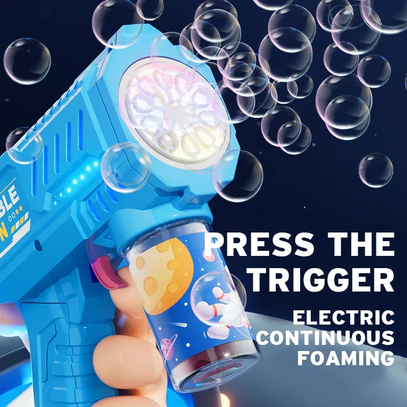 hand pressing the trigger of battery free bubble gun for kids showing easy manual operation