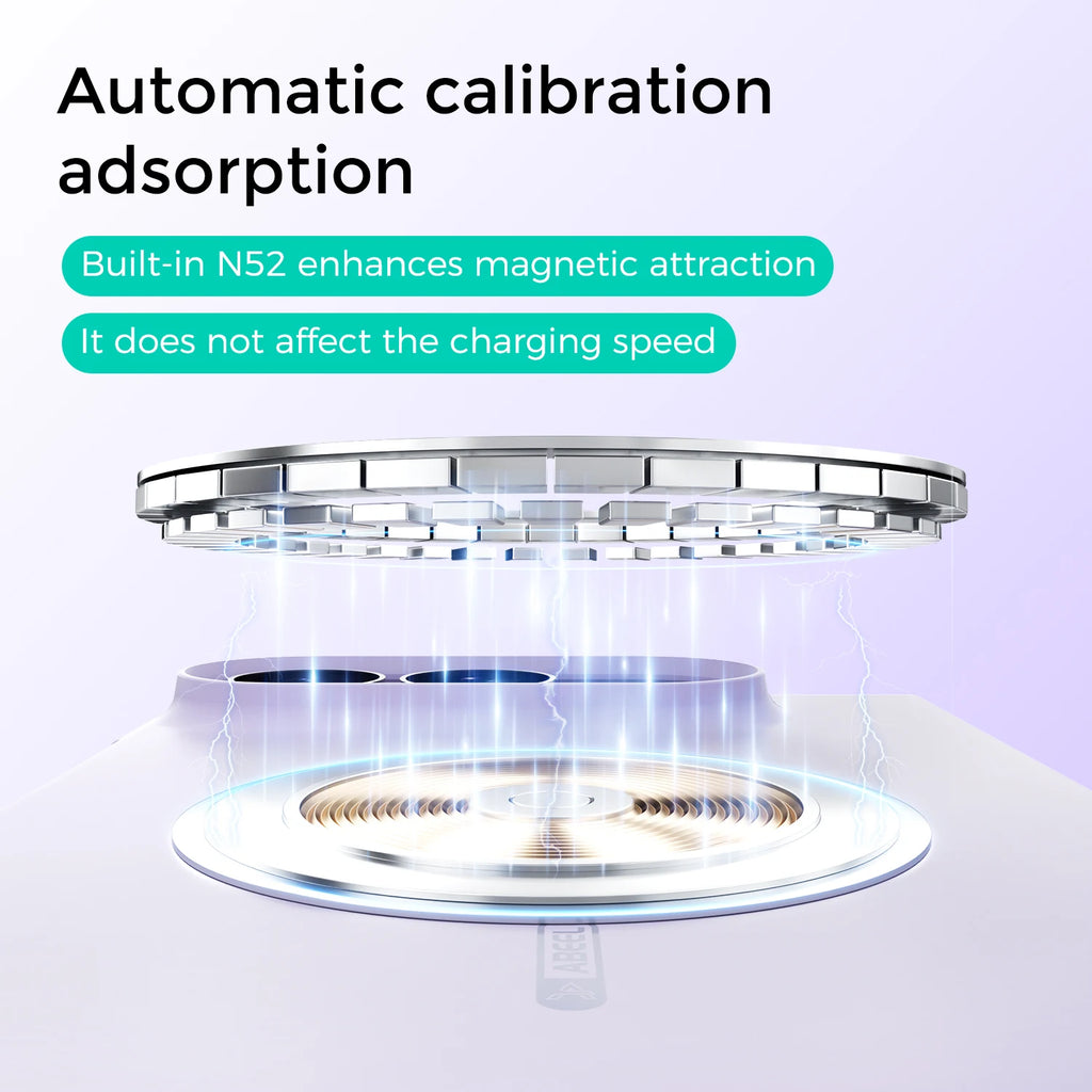 A promotional graphic showing a circular charging pad or magnetic device with glowing blue light effects and text reading 'Automatic calibration adsorption,' 'Built-in NS2 enhances magnetic attraction,' and 'It does not affect the charging speed.' The image is not a straightforward product photo and functions more like an explanatory marketing diagram, so Instruction Diagram is the best fit rather than Product/Packaging.