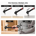 A multi-panel promotional graphic for a compact multi-tool hammer. The top panel shows three use cases labeled Nail Driving, Nail Pulling, and Light Tapping, each with a photo of the hammer in action.