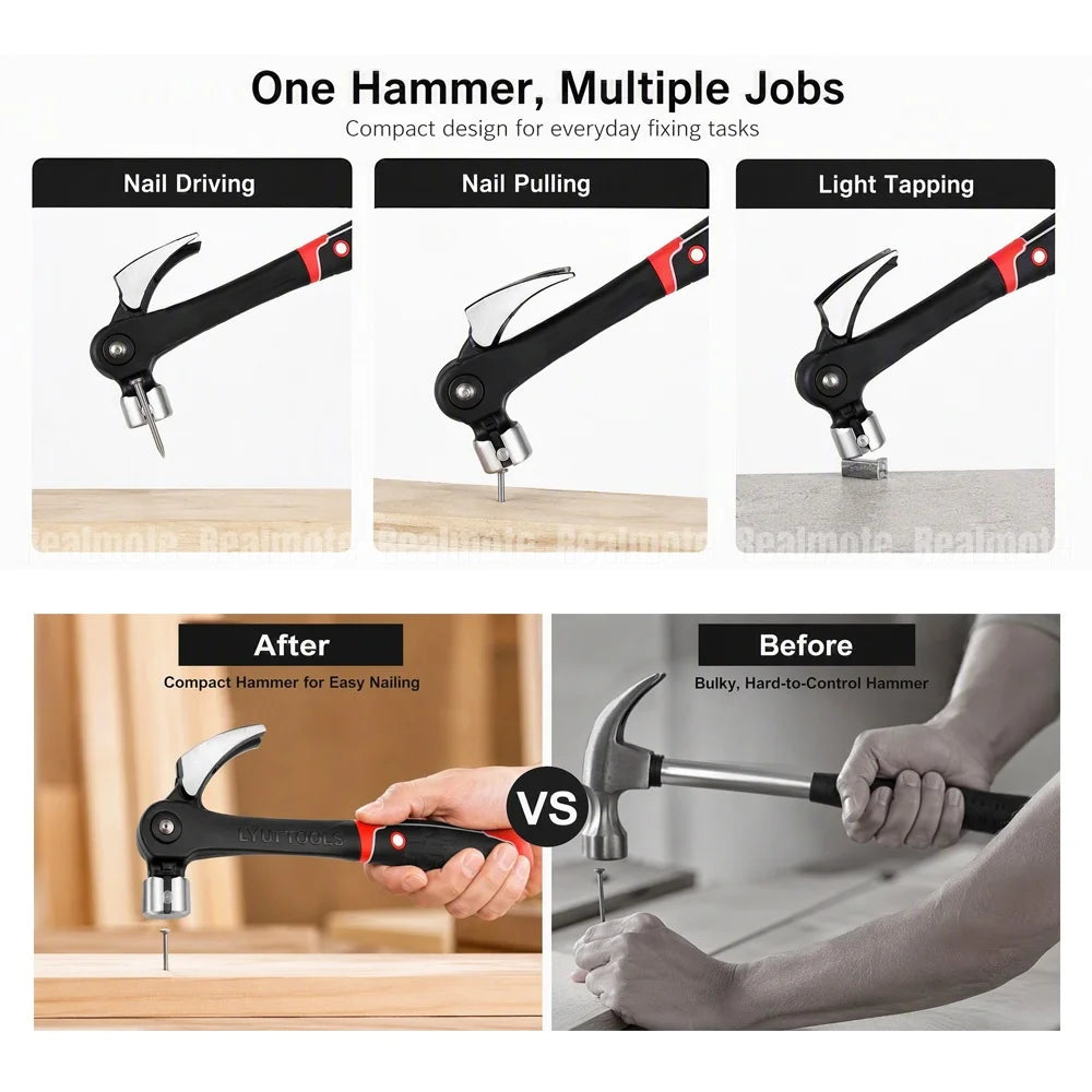 A multi-panel promotional graphic for a compact multi-tool hammer. The top panel shows three use cases labeled Nail Driving, Nail Pulling, and Light Tapping, each with a photo of the hammer in action.