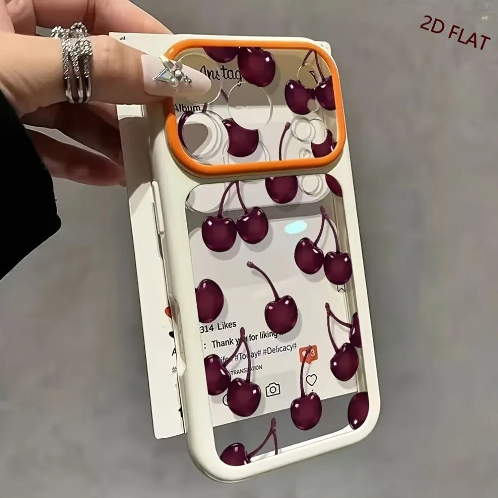 A hand holding a clear phone case decorated with a 3D cherry print and an orange camera bumper, set against a gray background with '2D FLAT' text in the top right.