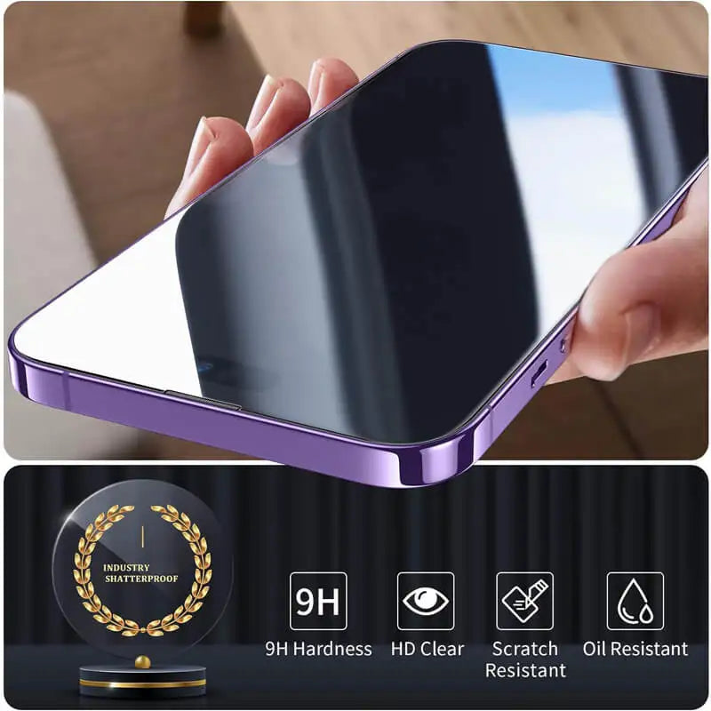 Hand holding a purple phone case with screen protector, featuring durability and clarity icons.