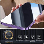 Hand holding a purple phone case with screen protector, featuring durability and clarity icons.
