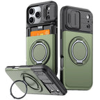 A rugged phone case shown from multiple angles on a plain white background. The case is olive green with black protective corners and a circular ring holder.