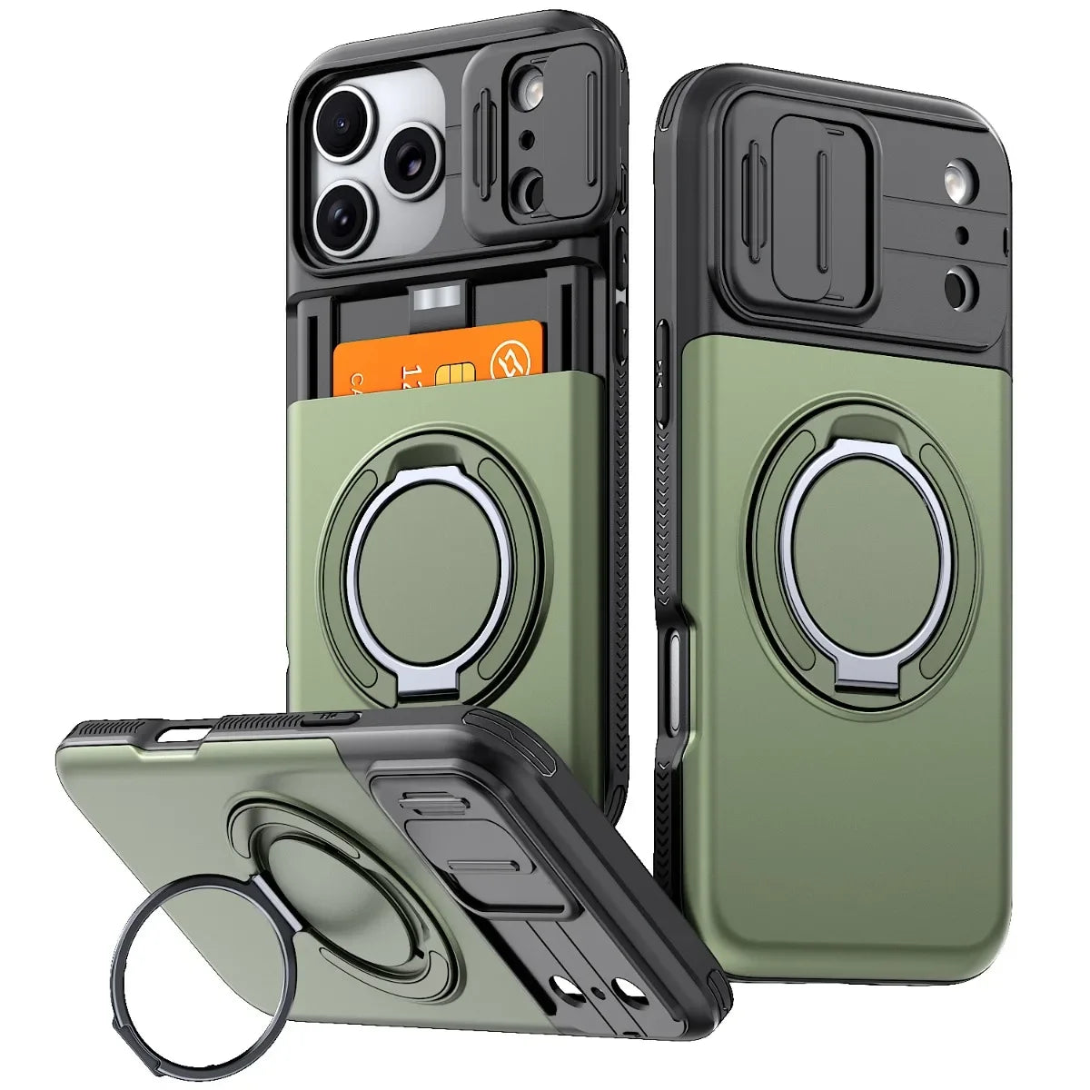 A rugged phone case shown from multiple angles on a plain white background. The case is olive green with black protective corners and a circular ring holder.