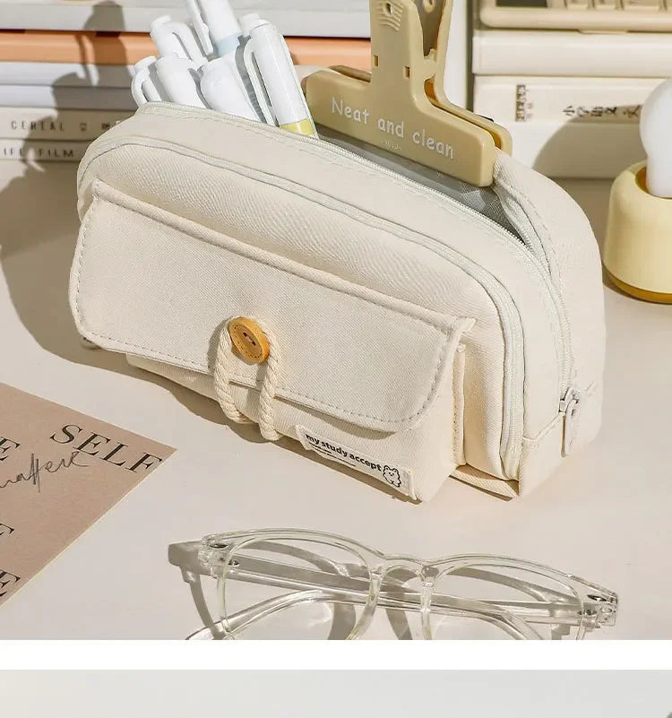 Cute Canvas Pencil Case Large Opening Student Stationery Bag