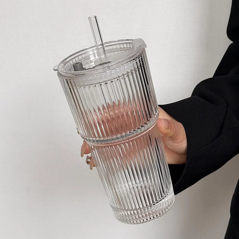 Large Capacity Stripe Glass Coffee Cup Iced Coffee Mug with Straw