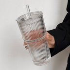 Large Capacity Stripe Glass Coffee Cup Iced Coffee Mug with Straw