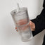 Large Capacity Stripe Glass Coffee Cup Iced Coffee Mug with Straw