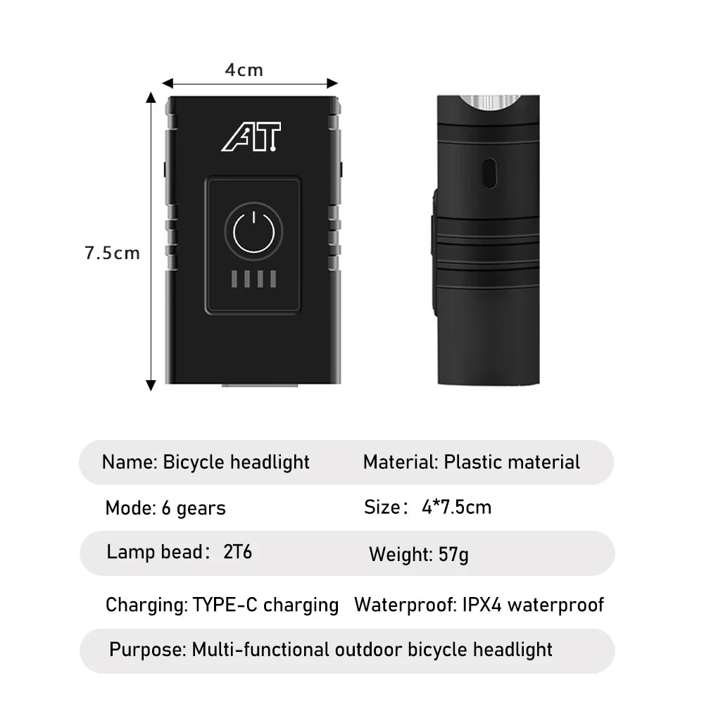 LED Bicycle Front Light Type-C Rechargeable Headlight