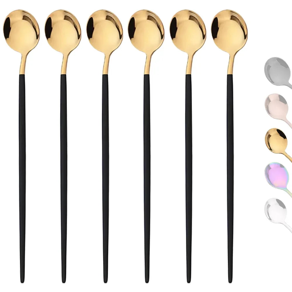 6Pcs Gold Ice Spoon Set – Long Handle Stainless Steel Coffee & Tea Stir Spoons