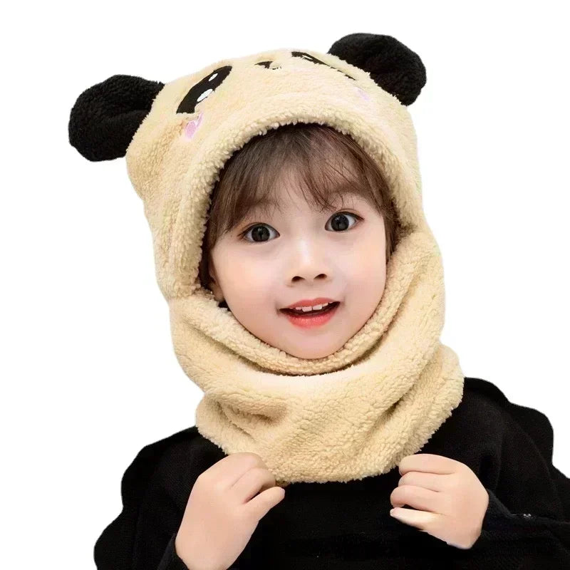 Kids Cartoon Winter Hat & Scarf Set Warm Fleece Cap