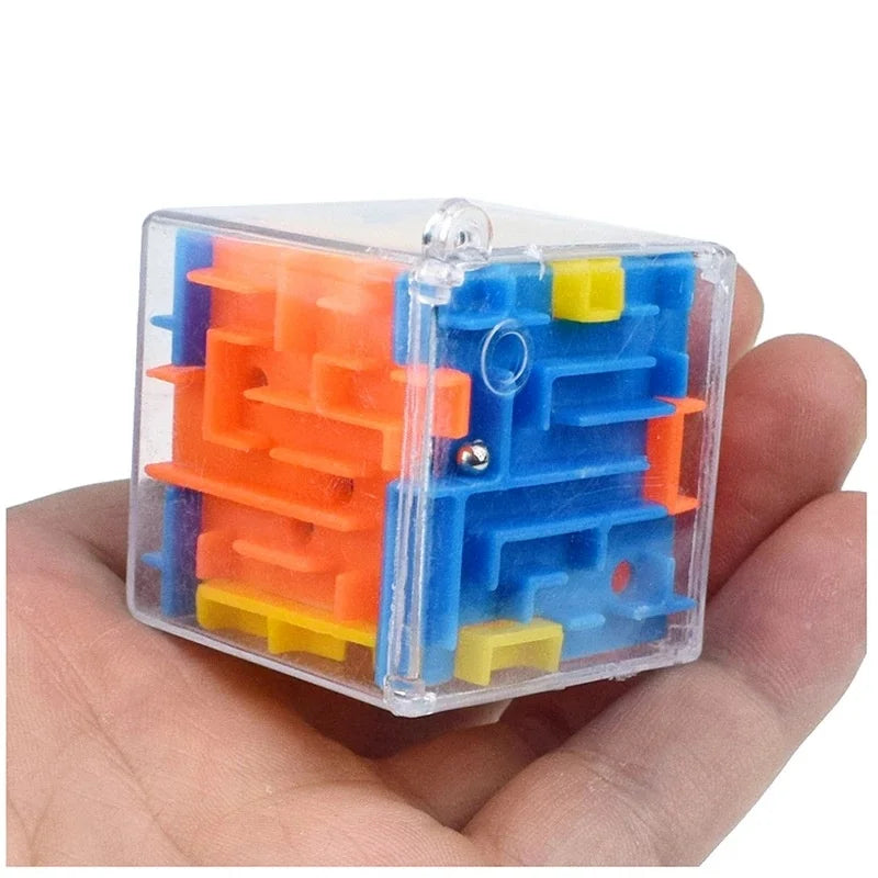 maze puzzle ball cube held in hand showing transparent six sided 3d labyrinth pathways Main image