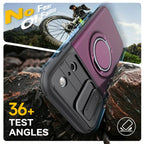 A rugged smartphone case shown at an angle over rocks, with a mountain-biking scene in the upper corner and text reading 'No Fear Of Falling' and '36+ TEST ANGLE'. The case has a black lower section and a metallic purple upper section with a circular ring detail.