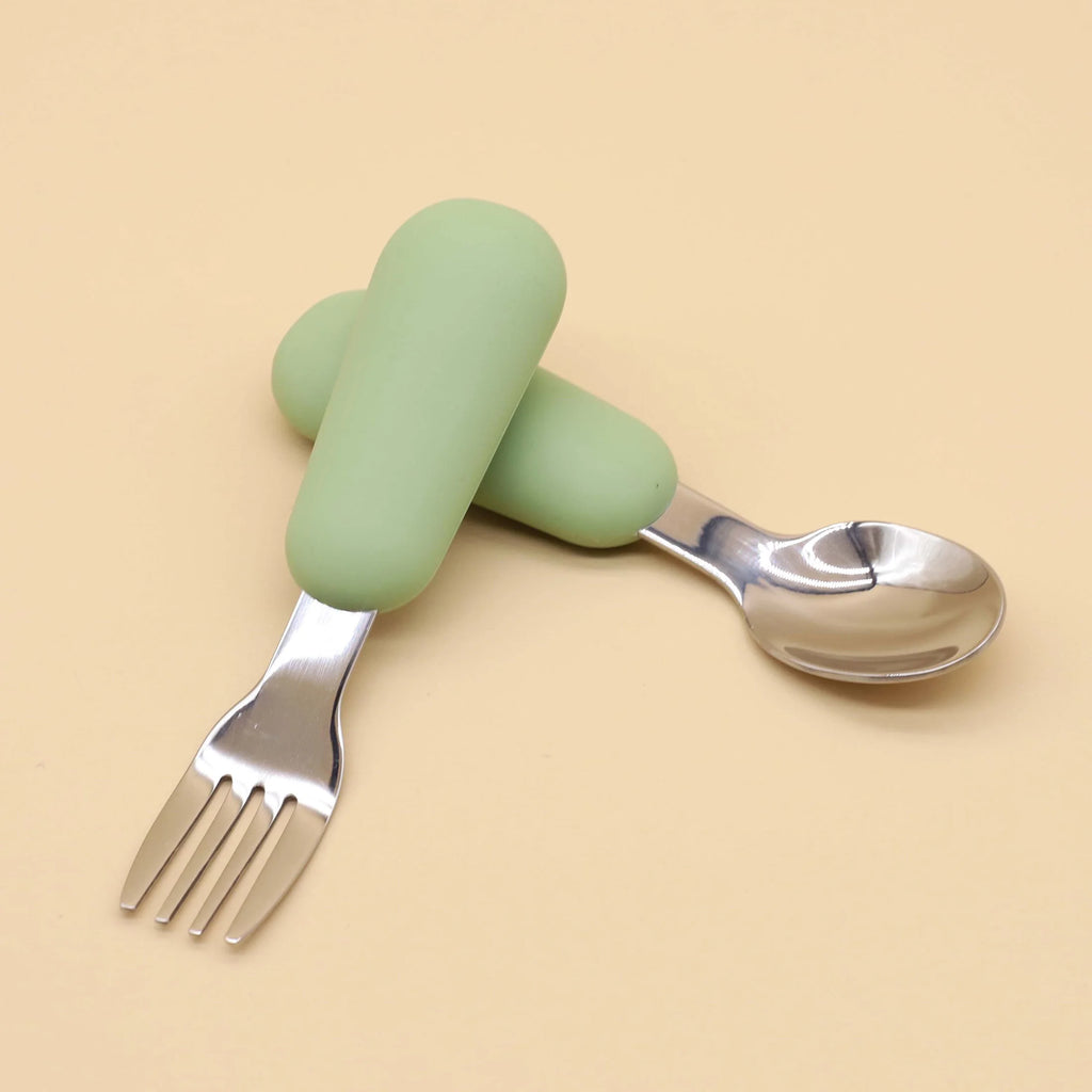 Silicone Handle Baby Spoon & Fork Set 304 Stainless Steel Feeding