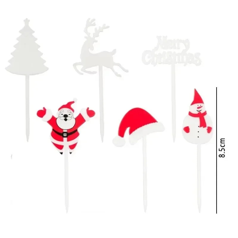 Christmas Fruit Fork Set Santa, Snowman & Elk Cupcake Toppers Decorations