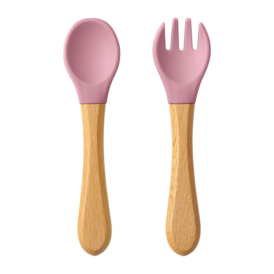 2PCS Baby Learning Spoon & Fork Set Wooden Handle Silicone Cutlery