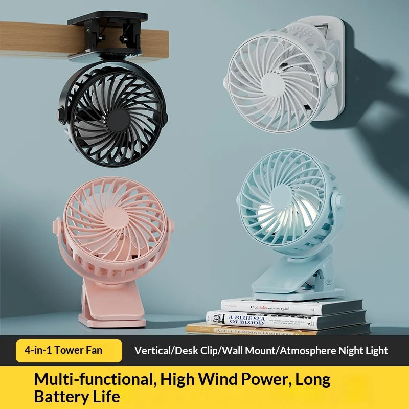 Portable Rechargeable Clip Fan with Night Light 360° 3-Speed USB