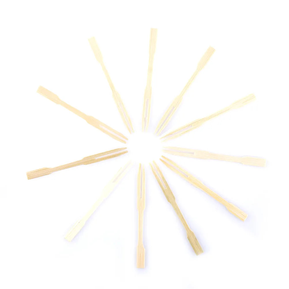 100PCS Bamboo Disposable Fruit Fork Set Wooden Dessert Party Forks