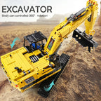 Toy excavator model with 360-degree rotation feature on a desert background