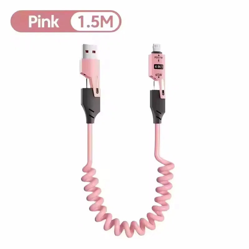 4 in 1 65W Spring Short Data Cable Quick Charger Wire Spring USB Cable for iPhone 16 15 14 13