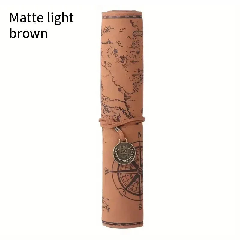 Vintage Treasure Map Pencil Case Leather Roll Stationery Bag