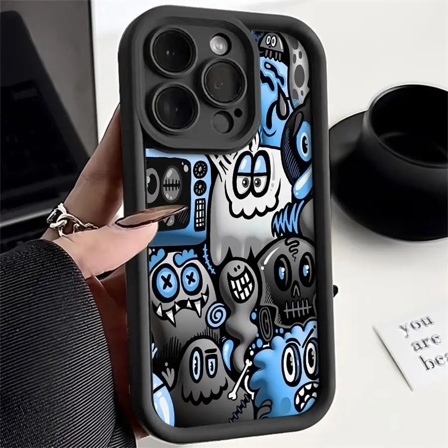 Black Graffiti Silicone Case for iPhone 11 12 13 14 15 16 Pro Max