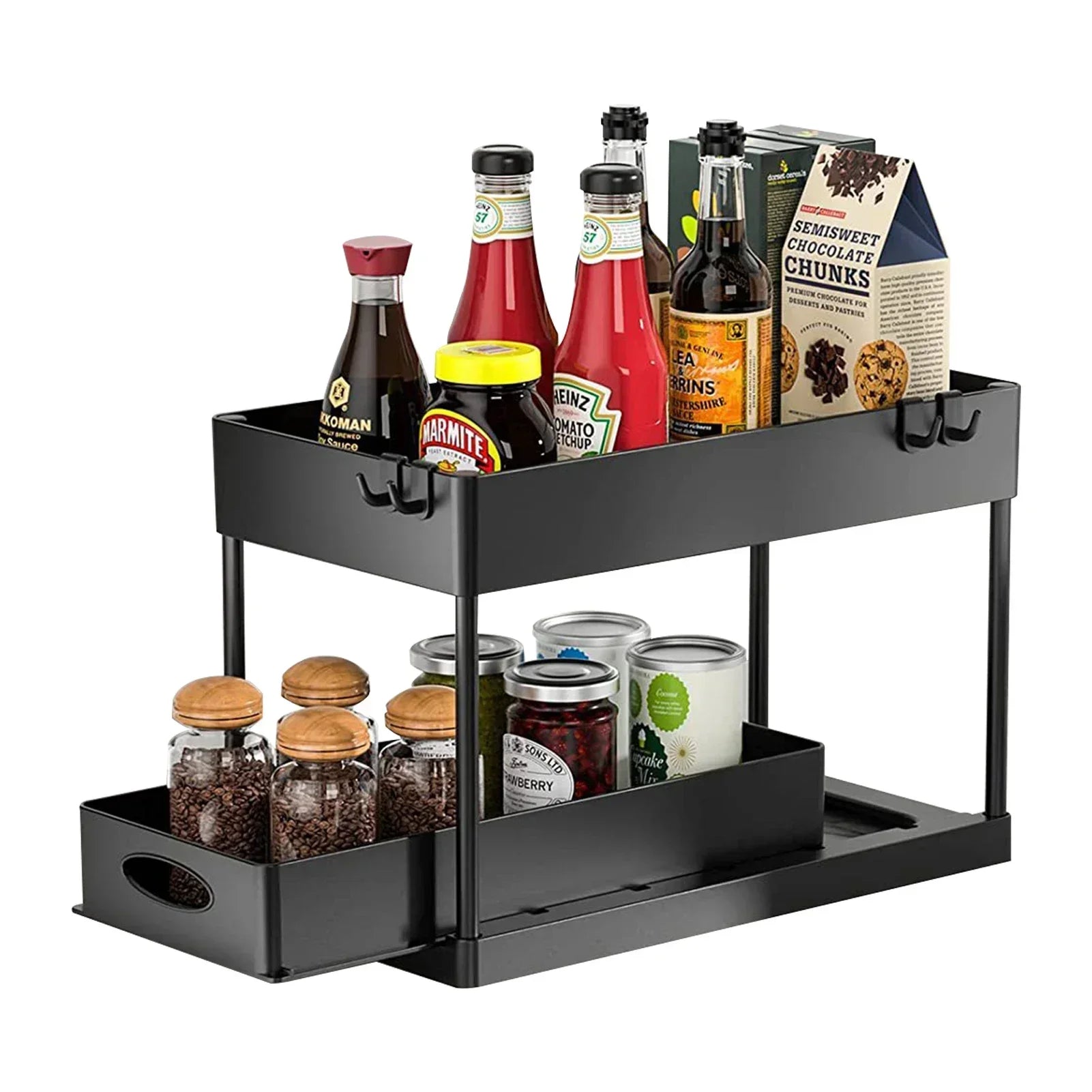2 Tier Under Sink Organizer Sliding Cabinet Storage Rack with Hooks