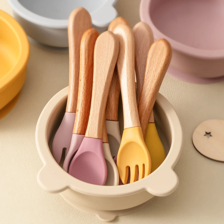 2PCS Baby Learning Spoon & Fork Set Wooden Handle Silicone Cutlery