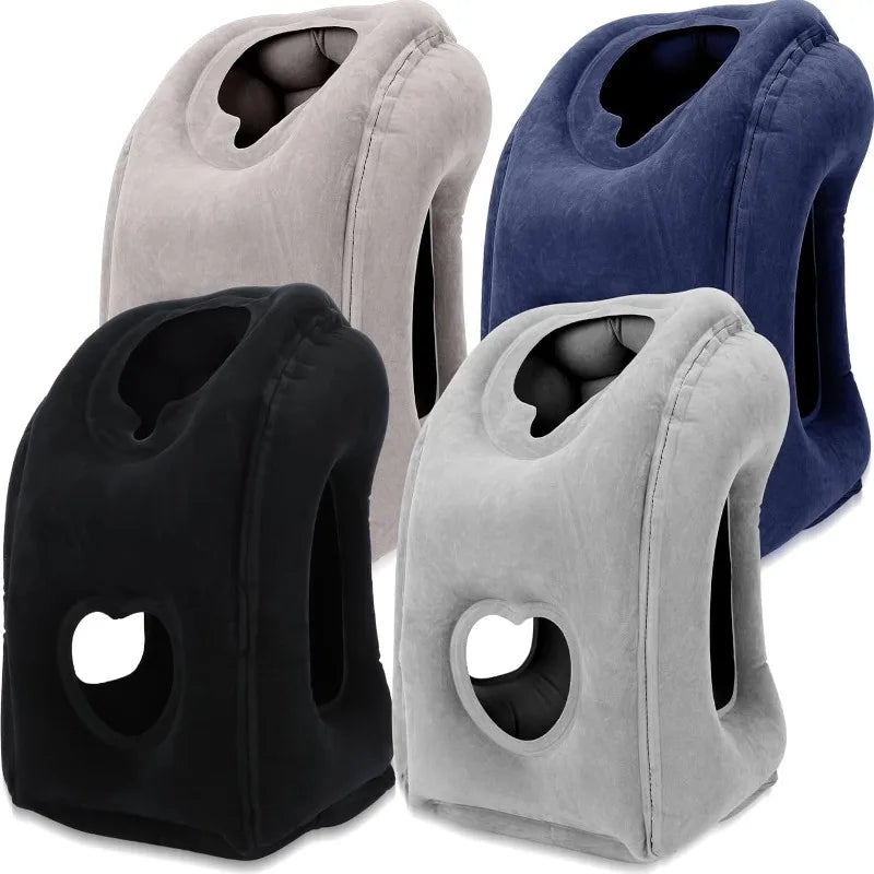 Four cushioned office chairs in black, gray, blue, and beige on a white background