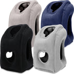 Four cushioned office chairs in black, gray, blue, and beige on a white background