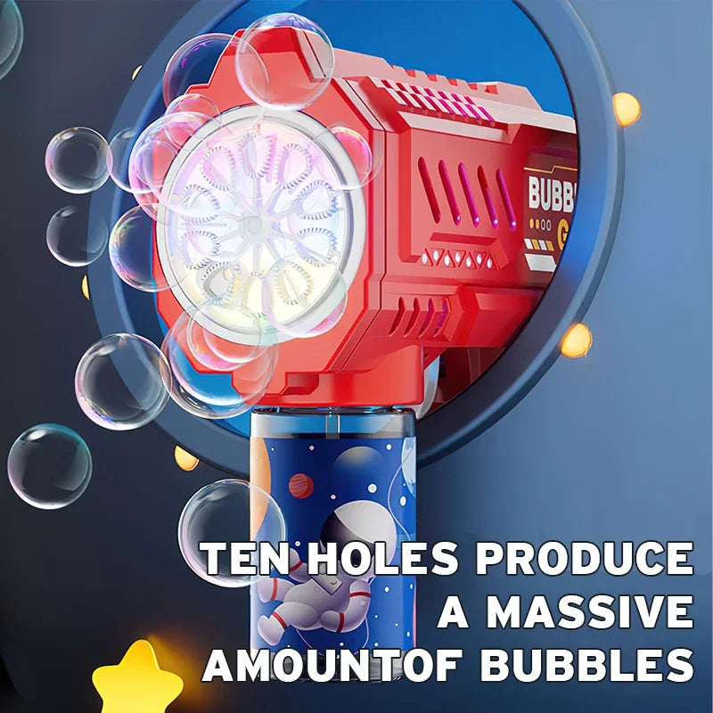 front view of bubble gun for kids nozzle showing automatic bubble blower release and light