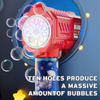 front view of bubble gun for kids nozzle showing automatic bubble blower release and light