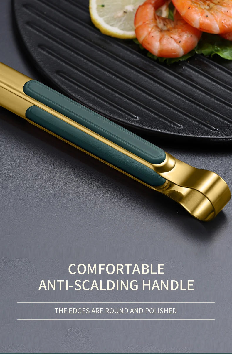 Gold Stainless Steel Food Tongs – Non-Slip BBQ, Salad & Bread Serving Tongs