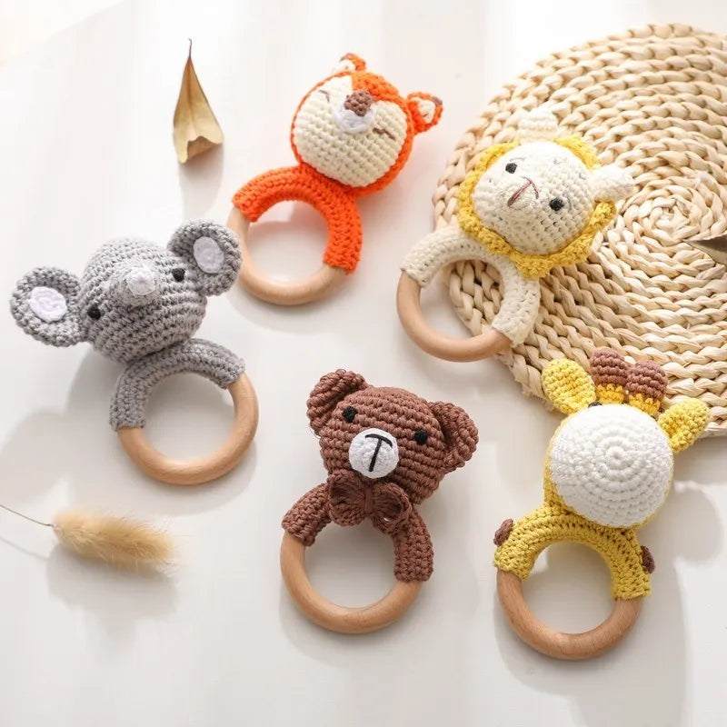 Crochet Bunny Baby Rattle Wooden Teether Toy