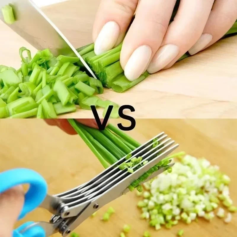 Comparison of cutting green onions with a knife versus using scissors on a wooden surface.
