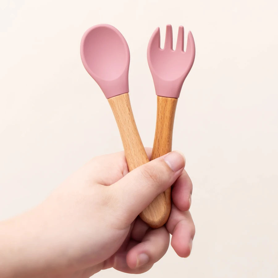 2PCS Baby Learning Spoon & Fork Set Wooden Handle Silicone Cutlery
