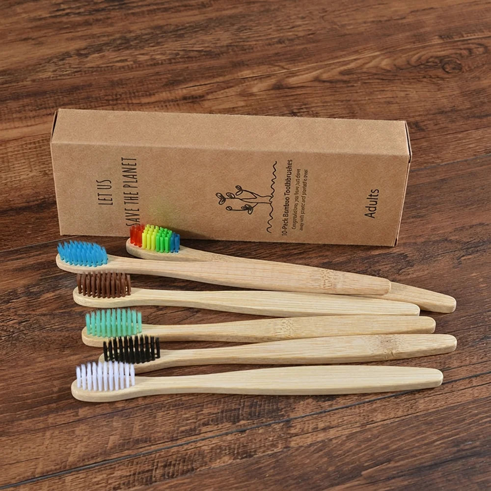 10PCS Bamboo Toothbrush Set Soft Charcoal Bristle Eco Dental Care