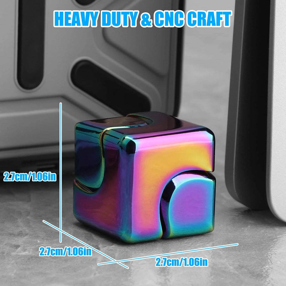 metal fidget spinner cube resting on a tabletop showcasing sleek metallic edges and compact design