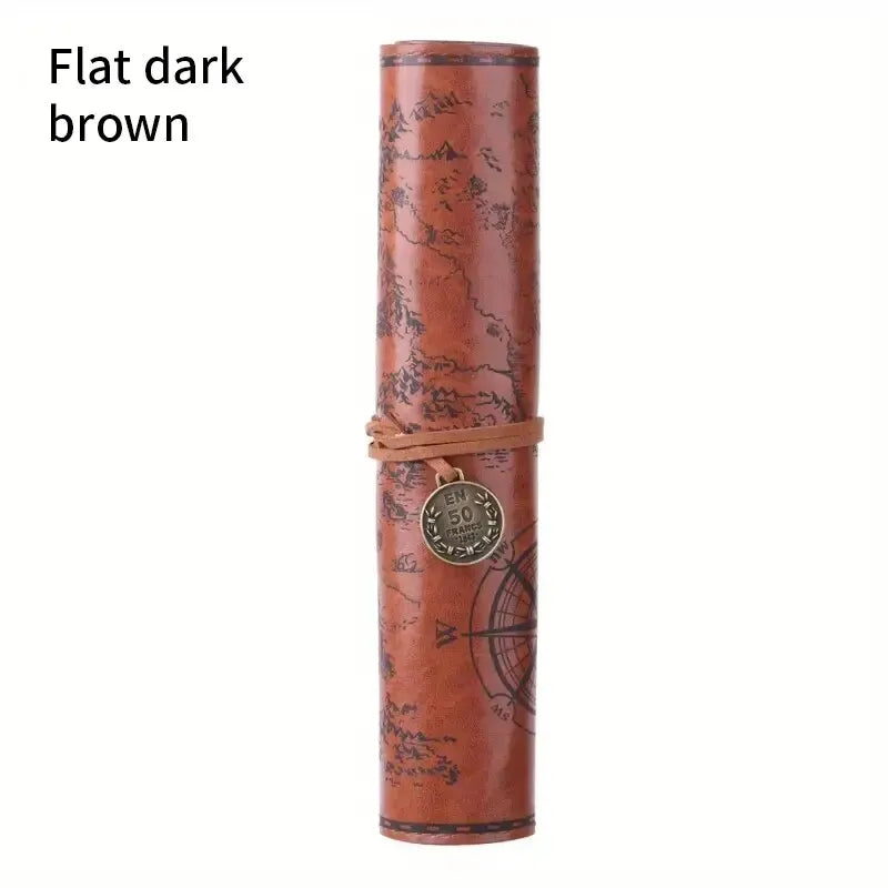 Vintage Treasure Map Pencil Case Leather Roll Stationery Bag