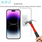 Smartphone with a screen protector and a hammer attempting to break it, with text indicating scratch-proof feature.