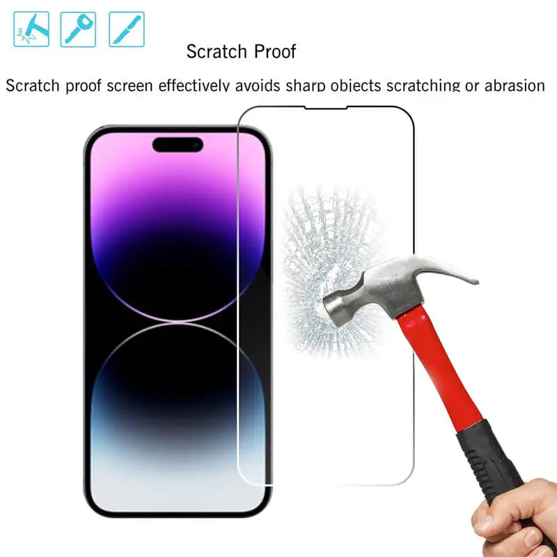 Smartphone with a screen protector and a hammer attempting to break it, with text indicating scratch-proof feature.