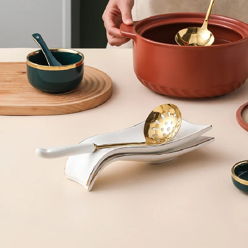 Luxury Ceramic Spoon Rest Gold Utensil Holder