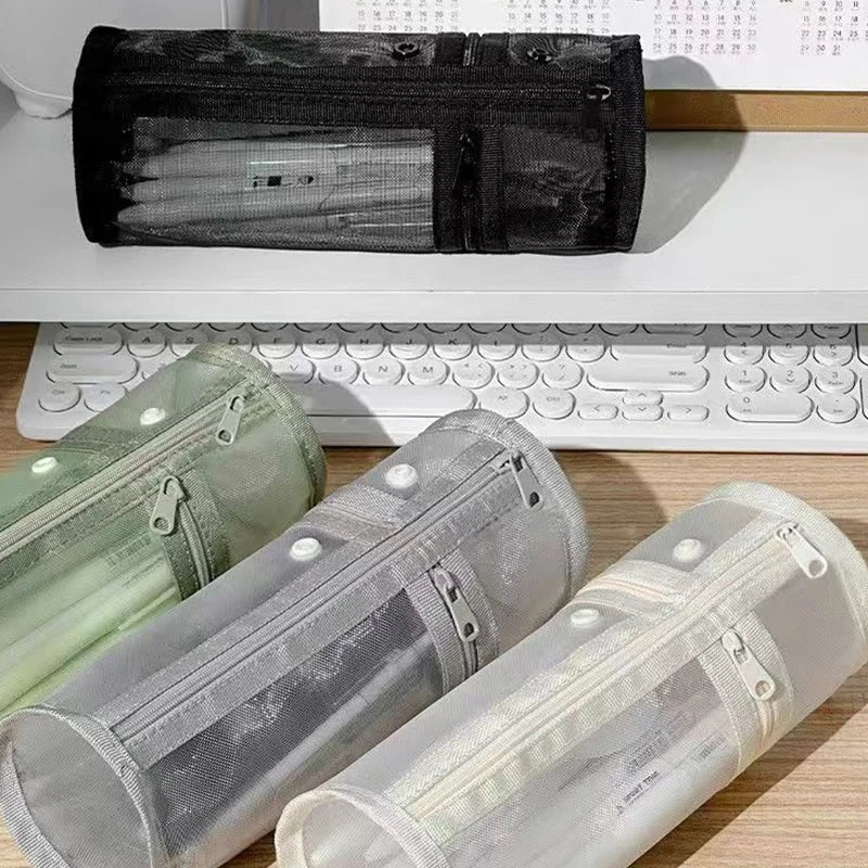 Clear Mesh Pencil Case Portable Standing Pen Holder Organizer