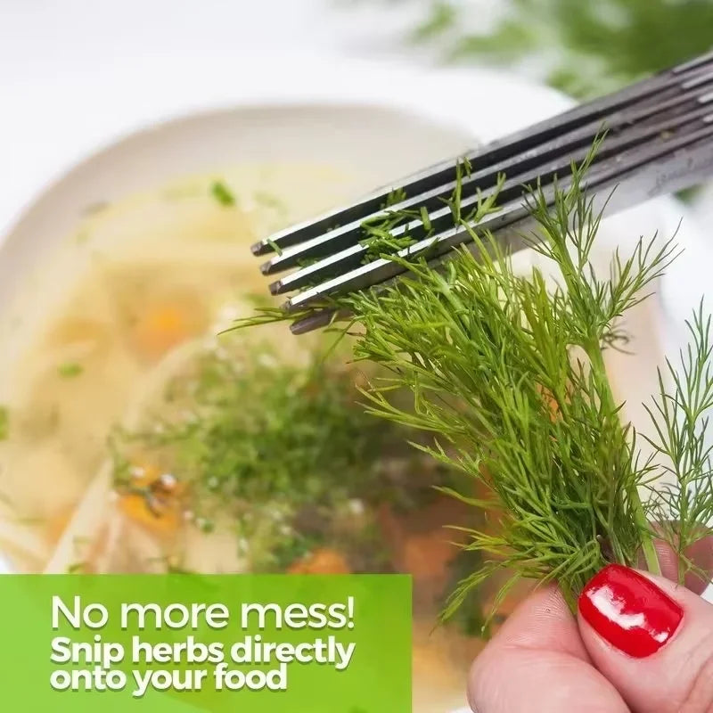 Person snipping fresh dill over a bowl of soup with text 'No more mess! Snip herbs directly onto your food'.