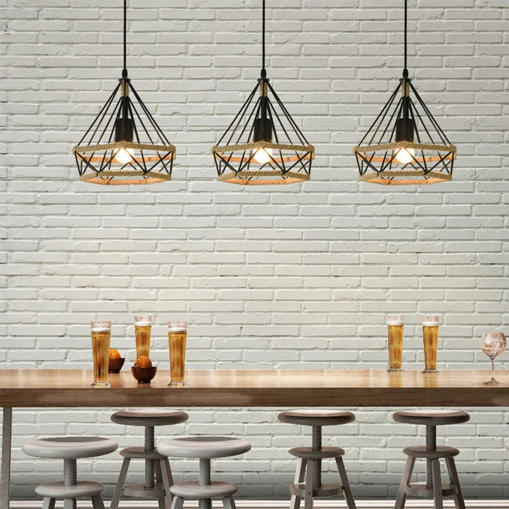 E27 Industrial Loft Pendant Light with Hemp Rope Design