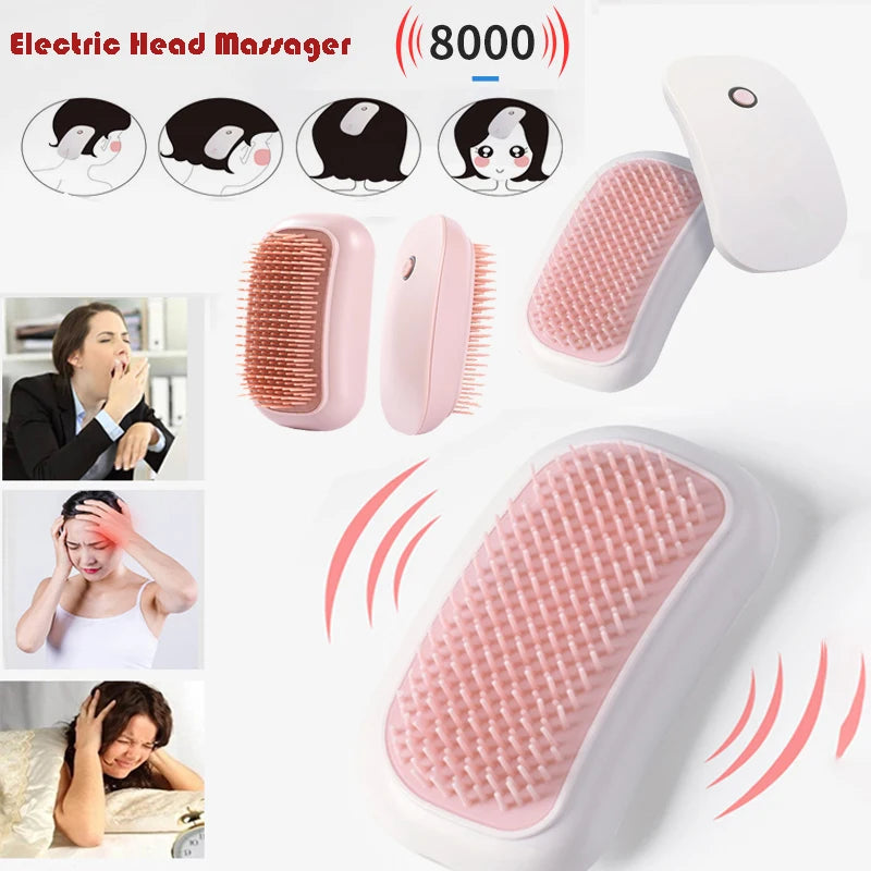 Electric head massager with massage brush heads and images of people using it.